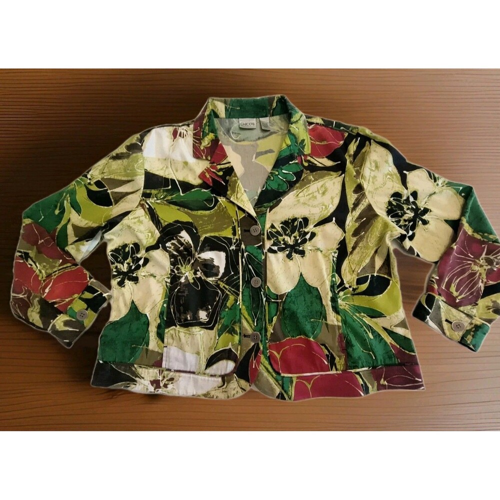 Chicos Women Size 3 Green Floral Button Front Long Sleeve Collared Jacket XL
